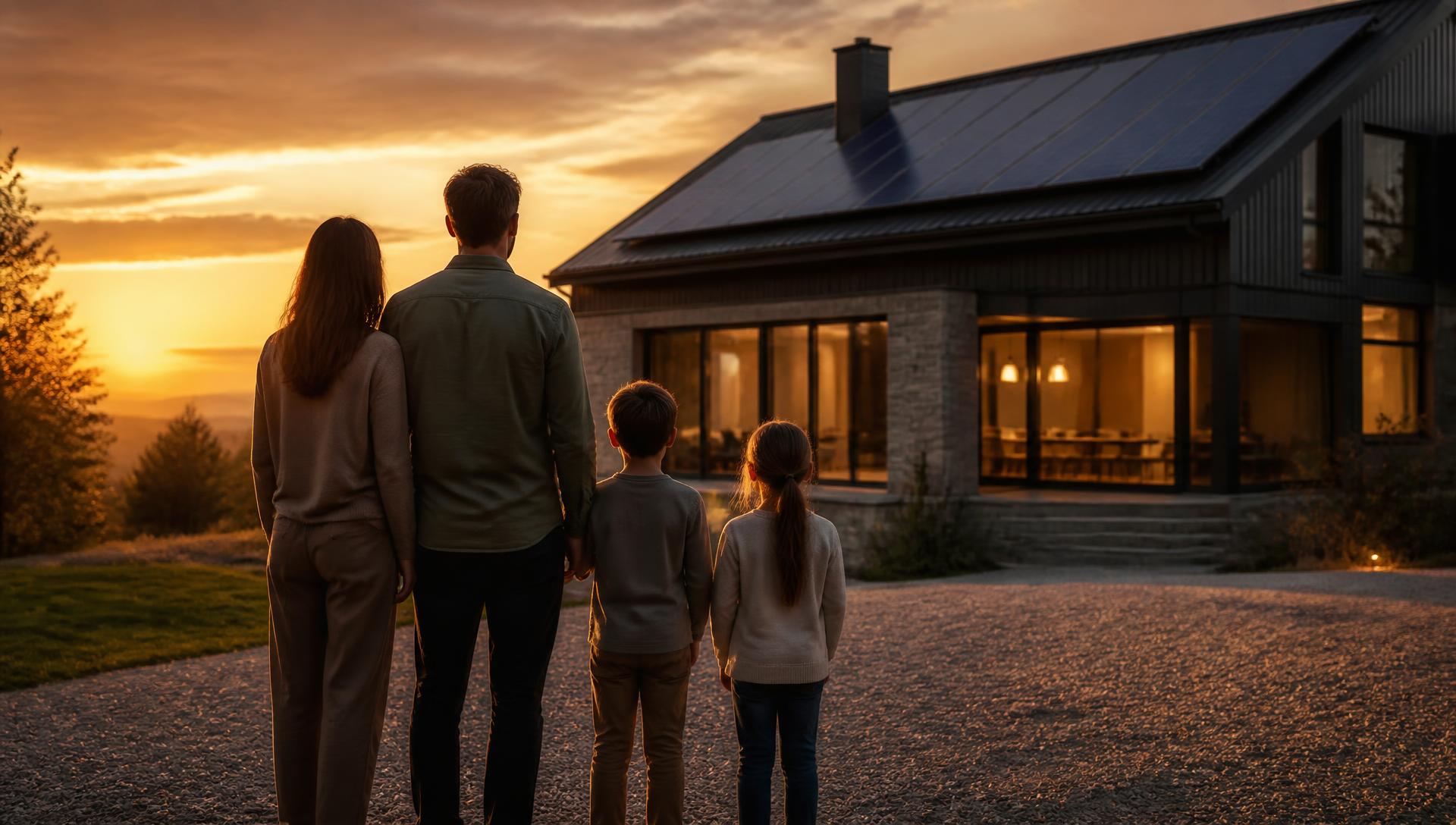 Rodzina przed domem z fotowoltaiką o zachodzie słońca